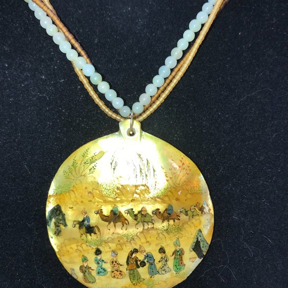 17" Long Multi-strand Mother of Pearl and Jade Necklace - Picture 2 of 6